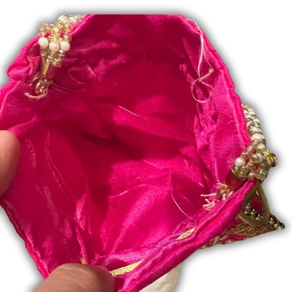Indian Potli Handbag In Hot Pink With Gold Embroidery & Beaded Handle - Picture 4 of 4